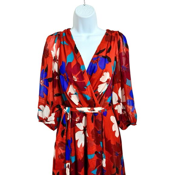 Chaps Floral Wrap Midi Dress Sz 8 Lined 3/4 Sleeve Colorful Belt V-Neck - Picture 4 of 8